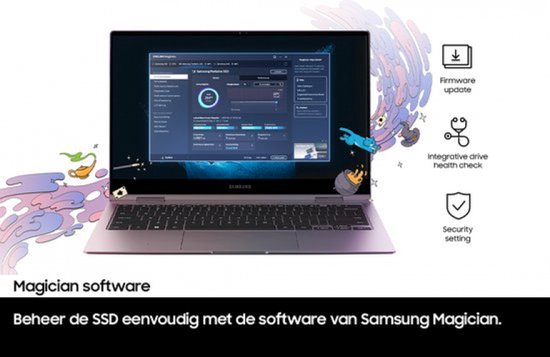 Een opengeklapte Samsung laptop met Samsung Magician software op het scherm.