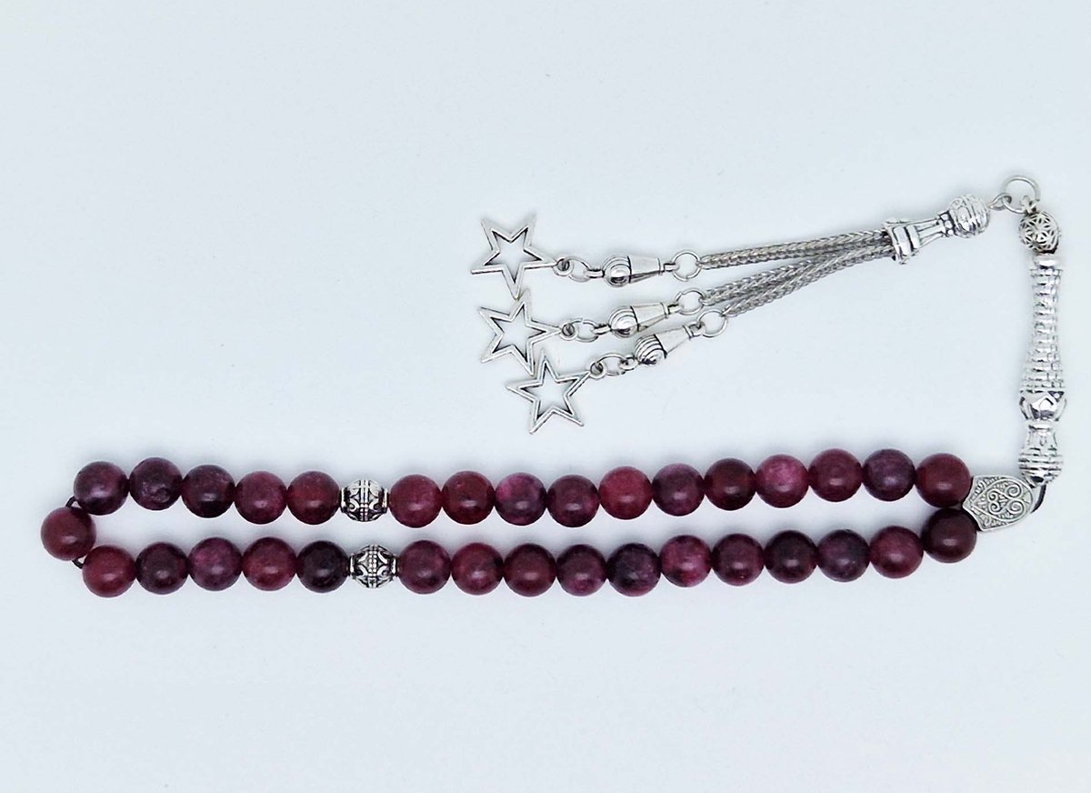 Handgemaakte tesbih klassiek - "Tasbih" natuursteen " Lepidolite" - Aantal kralen 33 - Diameter kralen 8 MM - met metaal tassel "Sterren" - Een mooi cadeau-idee