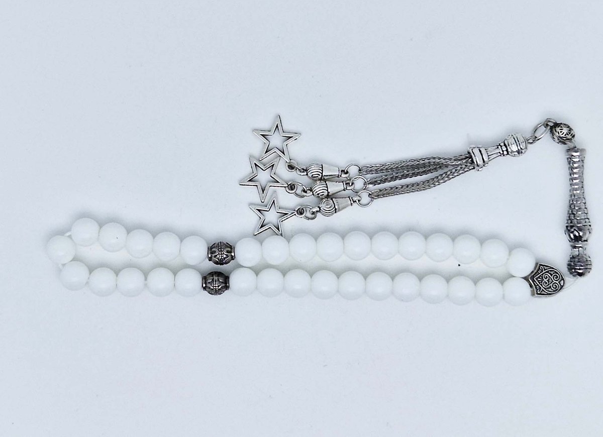 Handgemaakte tesbih klassiek - "Tasbih" natuursteen "Witte agaat" - Aantal kralen 33 - Diameter kralen 8 MM - met metaal tassel "Sterren" - Een mooi cadeau-idee