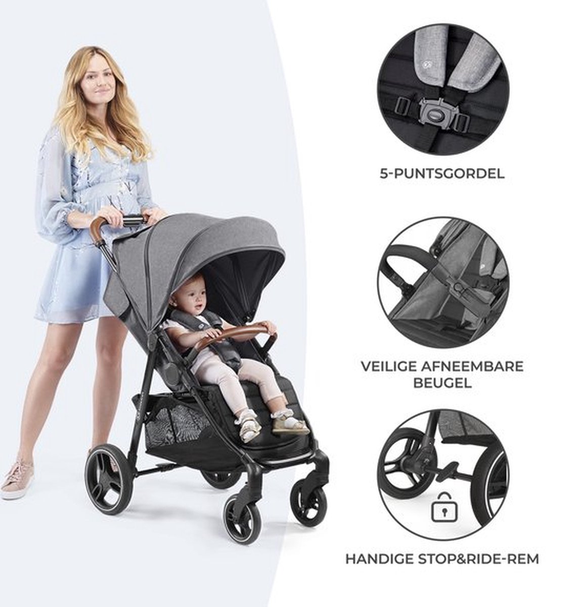 Kinderkraft GRANDE PLUS Kinderwagen – Lichtgewicht met Stalen Frame – Klik&Vouw Systeem – Grote Wielen – tot 22 kg – Grijs thumbnail 3