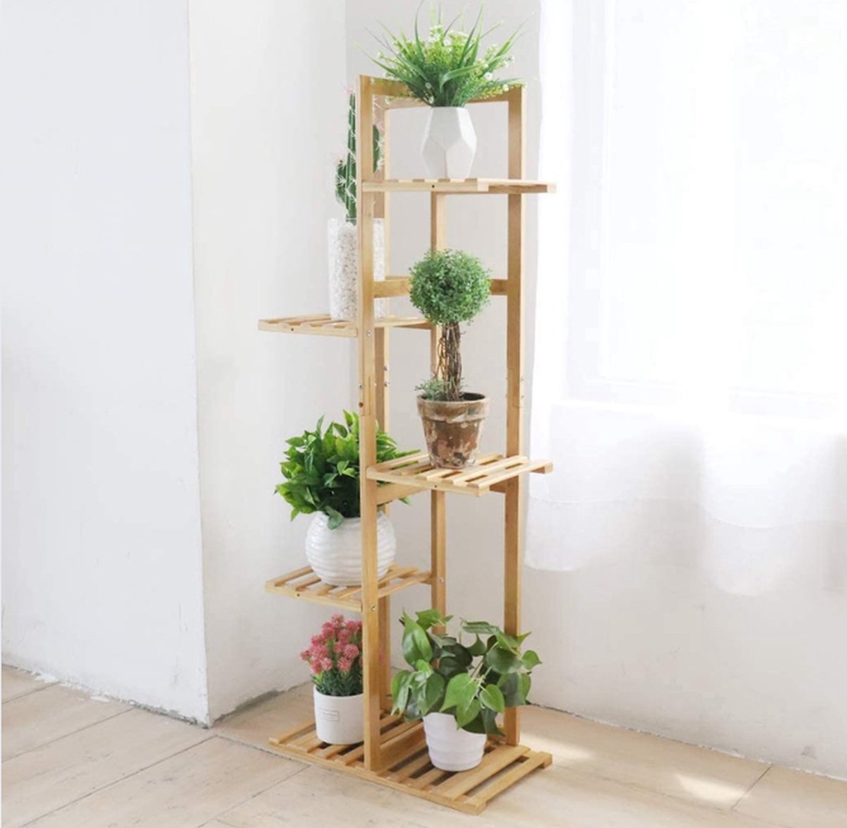 Bloemenplank van bamboe, bloemenladder 6 planken, staande plantenplank, tuinplank, voor wo