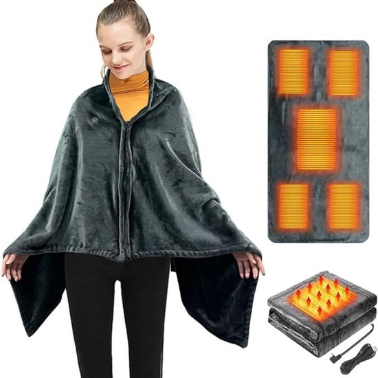Draagbaar Warmtedeken Draadloos – Oplaadbaar met USB – Powerbank – Met Ritssluiting – 3 Warmte Standen – Extra Verwarmingzones – Grijs