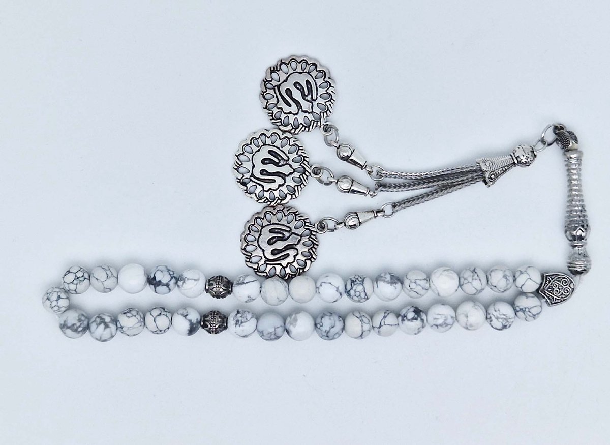 Handgemaakte tesbih klassiek - "Tasbih" natuursteen " Howlite Wit" - Aantal kralen 33 - Diameter kralen 8 MM - met metaal tassel "Allah" - Een mooi cadeau-idee