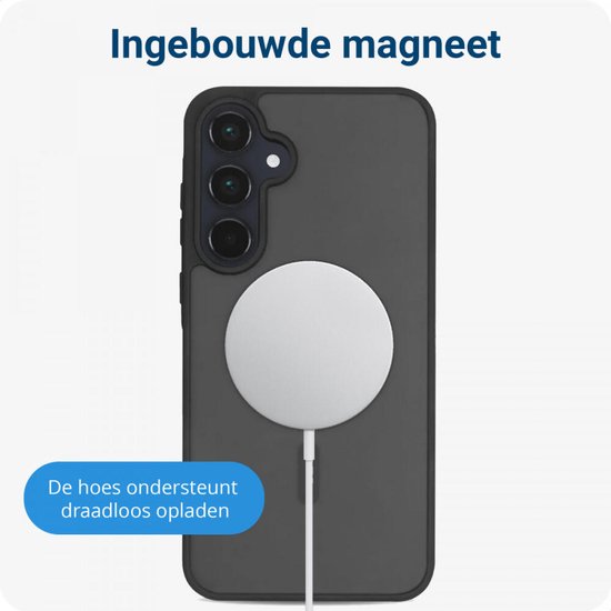 Zwarte, matte hoes met ingebouwde magneet en draadloze oplader.