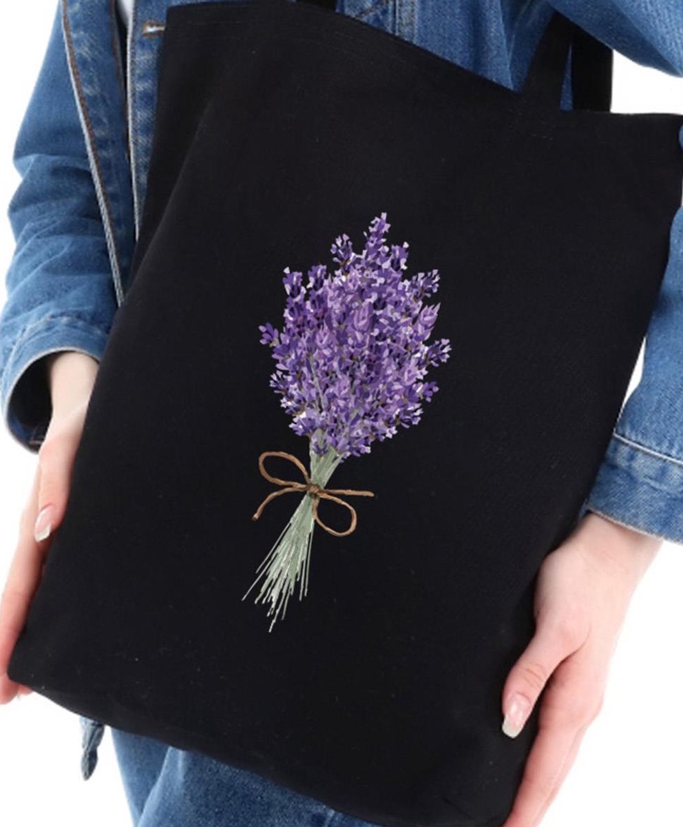 Kwube Dames Tassen - Shopper - Zwart Katoen - Linnen Tas - Lavendel Design - 35x40 cm - Katoenen Schoudertas - Zwarte Boodschappentas - Lavender Black Cotton Tote Bag - Cadeau Voor Haar