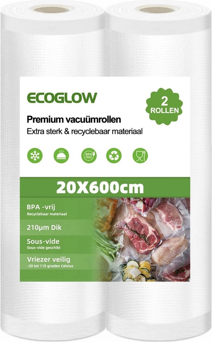 EcoGlow Vacuümrollen – 2 Stuks van 20 x 600 cm – Extra Sterk en Duurzaam – Gemaakt van 100% PA - Geschikt voor Diepvries, Sous-Vide en Magnetron – BPA Vrij