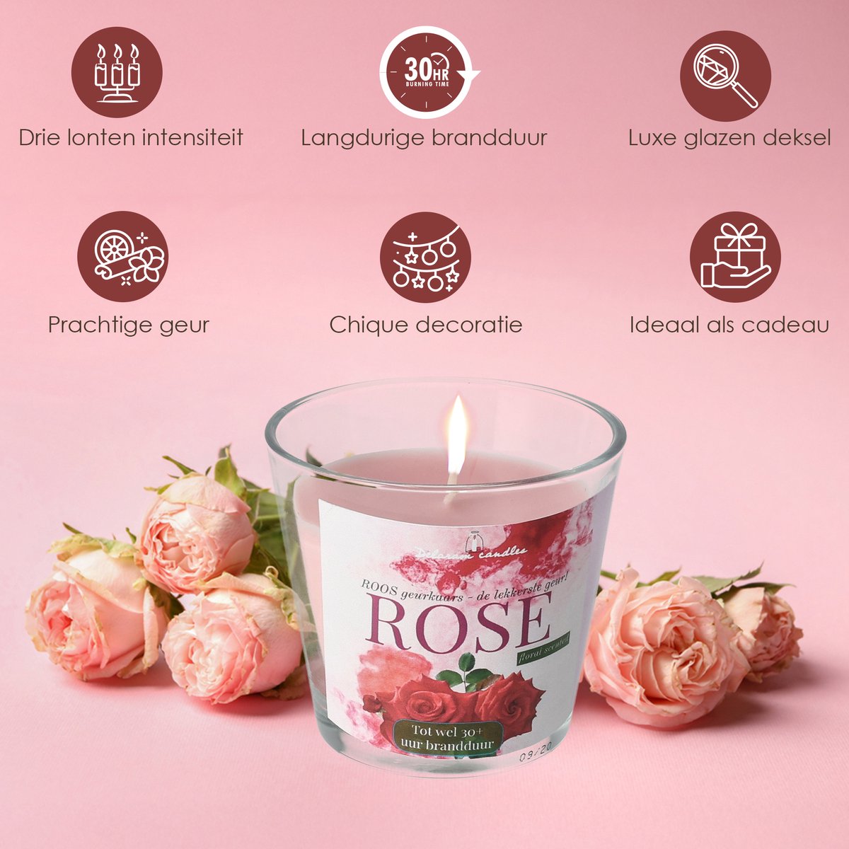 Geurkaars Roos 30 uur - Zoete bloemengeur - Luxe rose geurkaars in glas — cadeau in Wonen & Interieur - foto 3