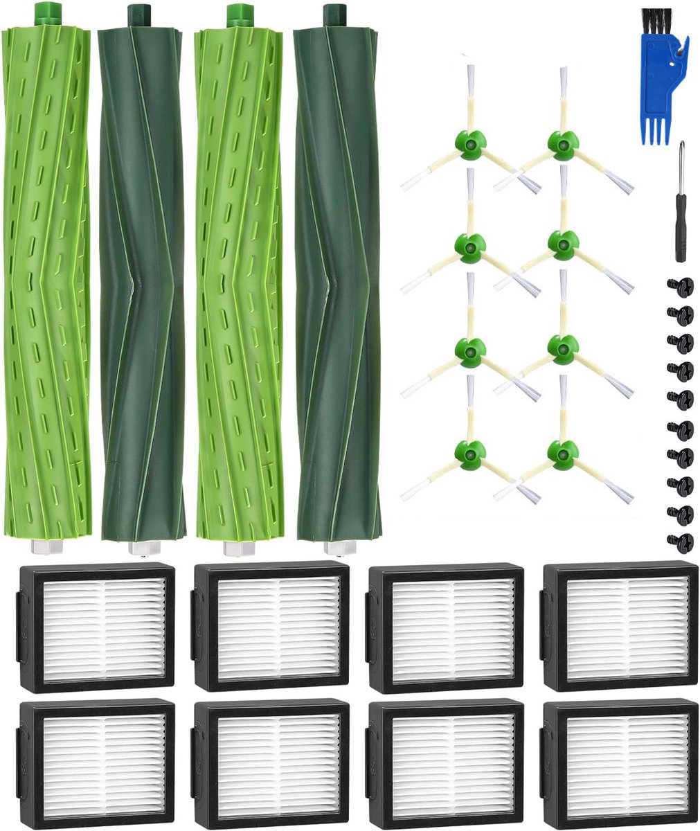 Reserveonderdelen geschikt voor iRobot Roomba E/I-serie, i7 i7+ i3 i3+ i4 i4+ E5 E6, borstelaccessoires geschikt voor iRobot Roomba, 2 sets rubberen borstels,8 hoogwaardige filters, 8 zijborstels