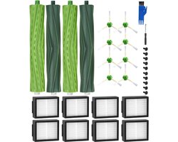 Reserveonderdelen geschikt voor iRobot Roomba E/I-serie, i7 i7+ i3 i3+ i4 i4+ E5 E6, borstelaccessoires geschikt voor iRobot Roomba, 2 sets rubberen borstels,8 hoogwaardige filters, 8 zijborstels