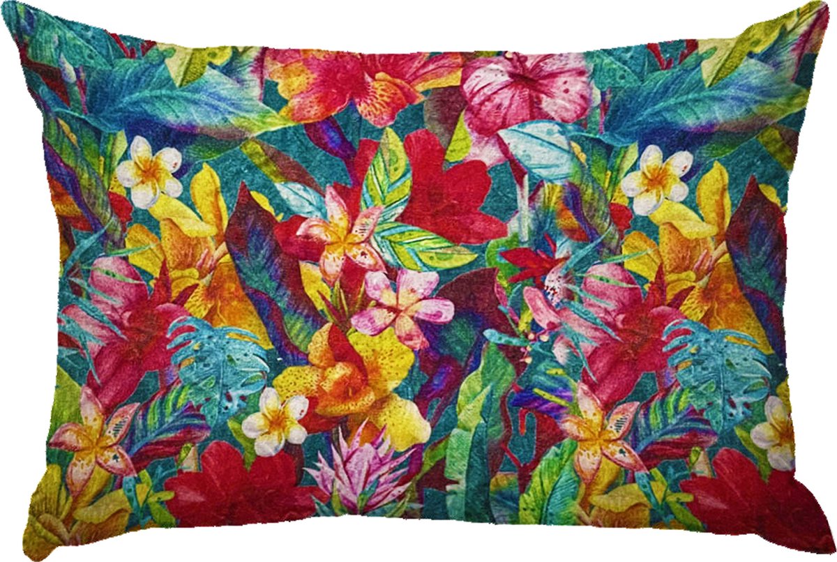 by Mooss - Sierkussen 60 x 40 cm - Velours - Tropisch Bloemen - Blauw Roze Geel - Inclusief binnenkussen