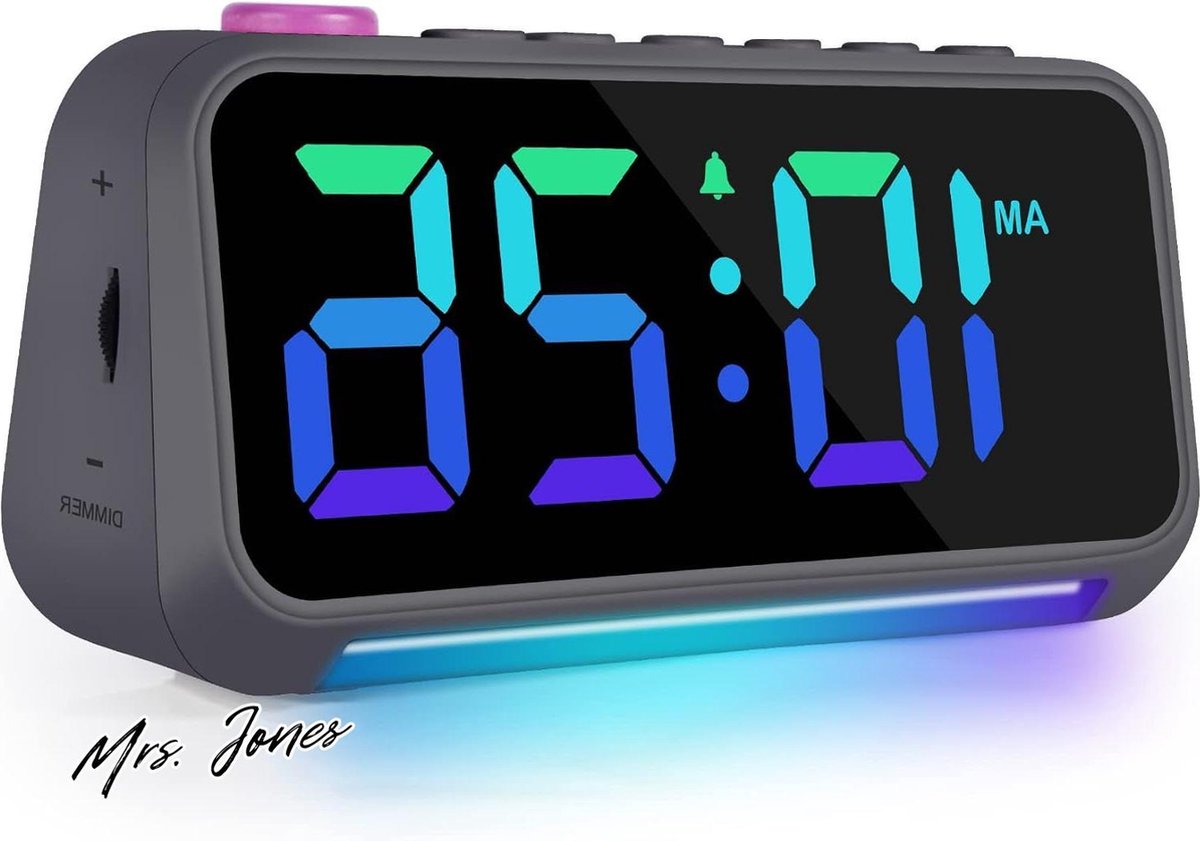Mrs. Jones 6 inch led-digitale wekker nachtlampje met meerdere lettertypen - dimbaar 5 volumes USB-oplader - donkergrijs .