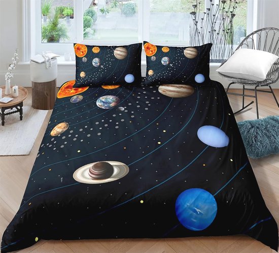 Timiany Kids Beddengoed Set zonnestelsel Planeet Jongens Tieners Dekbedovertrekken Met Rits 135x200cm 80x80cm Planeten & Sterren Microvezel Dekbedovertrek (Universum-D, 220x240 80x80