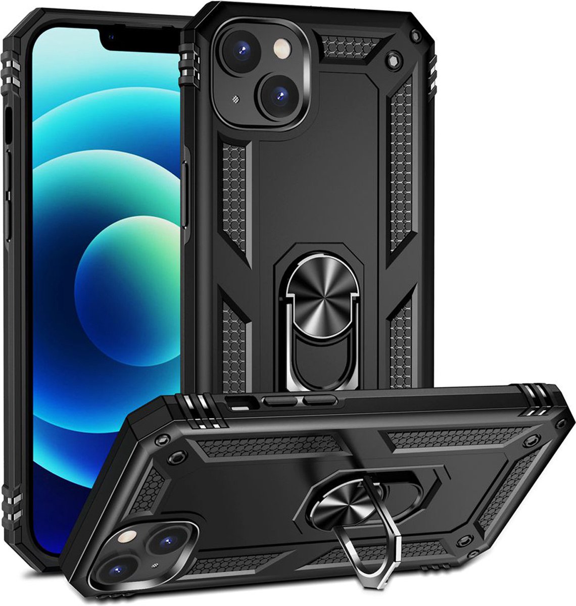 MobyDefend Hoesje - Geschikt voor iPhone 14 Plus - Pantsercase Met Draaibare Ring - Zwart