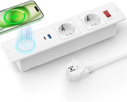 StayPowered Inbouw Stekkerdoos - Strak Design Voor Een Opgeruimd Bureau - Supersnel USB-C 20 W Opladen - 15 W Draadloos Opladen - Geschikt Voor Werkplek & Keuken - Eenvoudige Installatie - 2500 W - 2m Kabel - Wit - Levering Sneller dan Aangegeven!