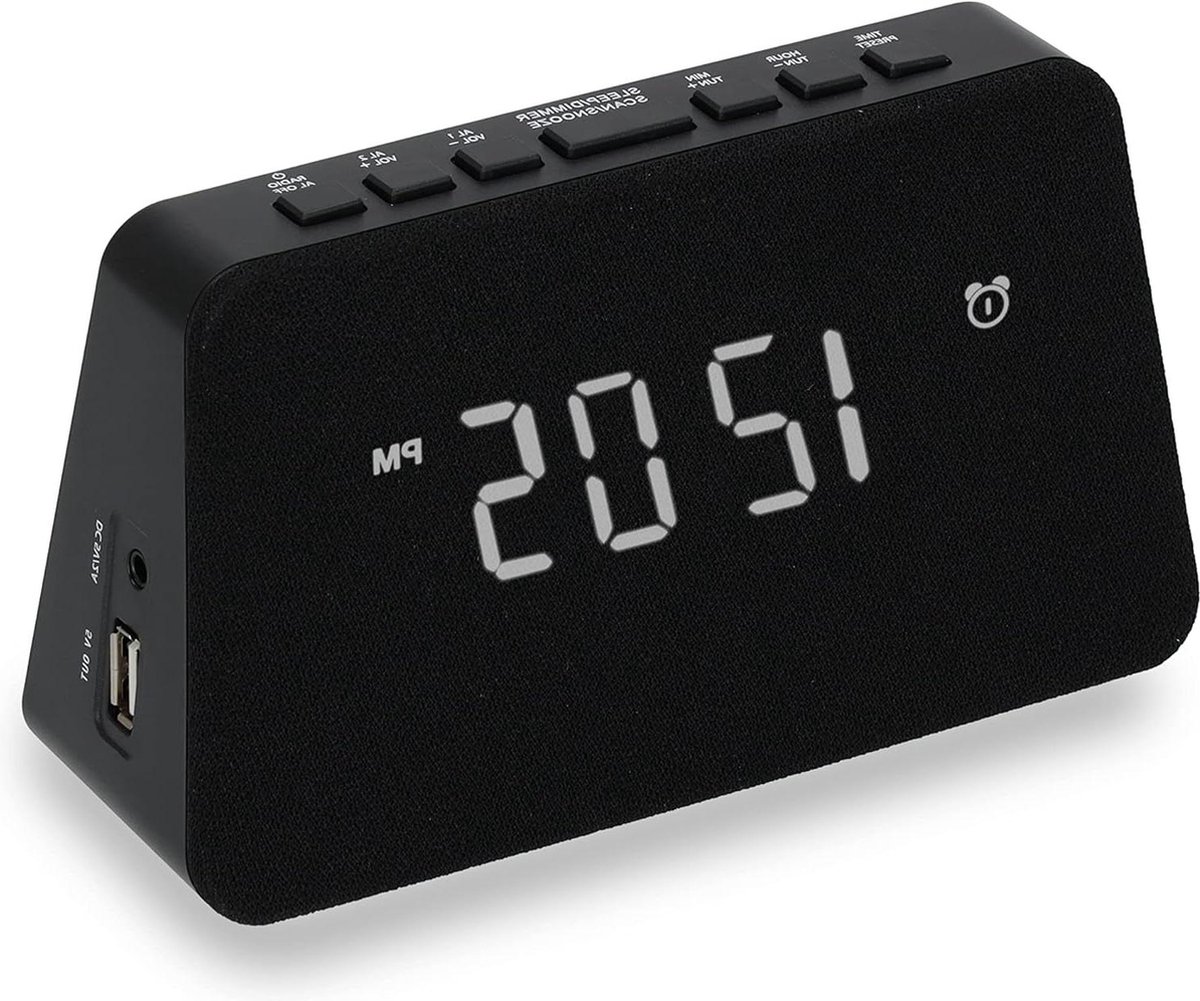 Mrs. Jones Digitale radiowekker USB-lader draadloos opladen QI-oplaadfunctie dual alarmklok zwart. .
