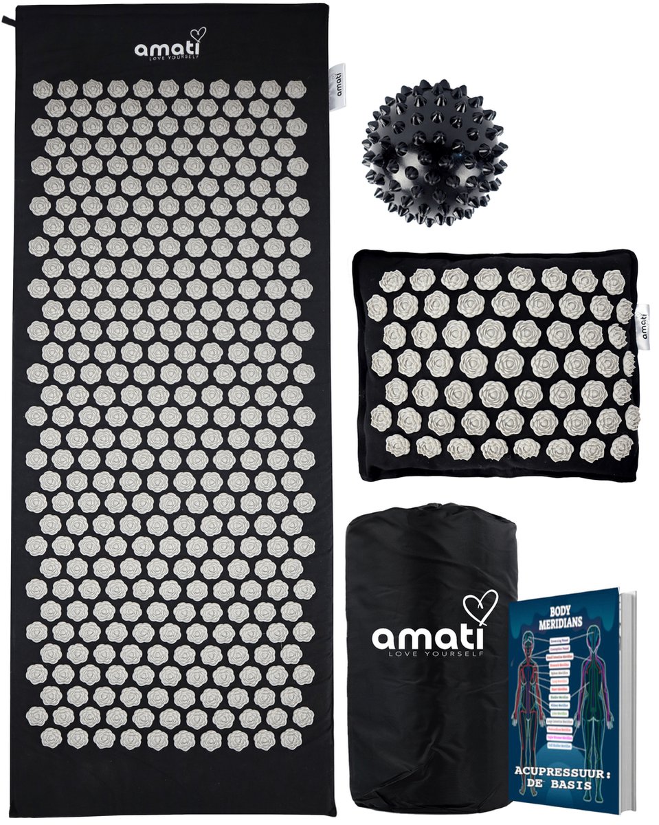 Goedkoopste Amati Spijkermat XL - 130 x 50 cm - met kussen - Massagebal - Acupressuur Mat - Shakti Mat - Zwart