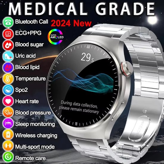 Slim Horloge met ECG, 1,96'' B𝐥o𝐞dg𝐥u𝐜os𝐞 Smartwatch fitnesshorloge met telefoonfunctie/SOS-noodoproep, 24 uur bloedvet, urinezuur, lichaamsvet, hartslag, lichaamstemperatuur, bloeddrukmeting
