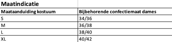 Maattabel voor dameskostuums: S (34/36), M (36/38), L (38/40), XL (40/42).