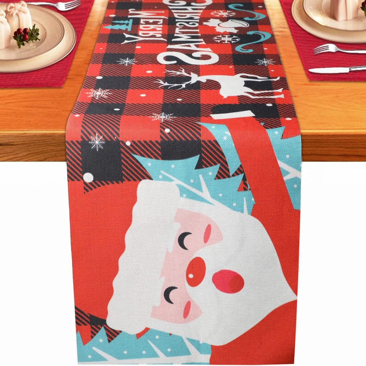 oCreon Kerst Tafelloper 35x180cm - Rode Kerstman Linnen Tafelkleed voor Diner & Winter Decoratie