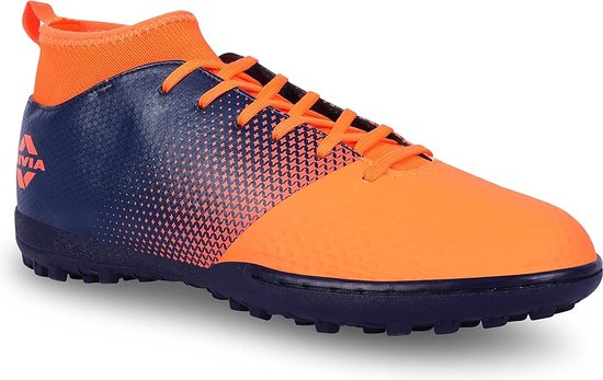 Chaussures de football Nivia Ashtang pour terrain gras (Oranje/ Zwart, 9 UK/10 US/43 EU) | Cuir synthétique | Semelle intérieure préformée | Absorption d'eau minimale/imperméable