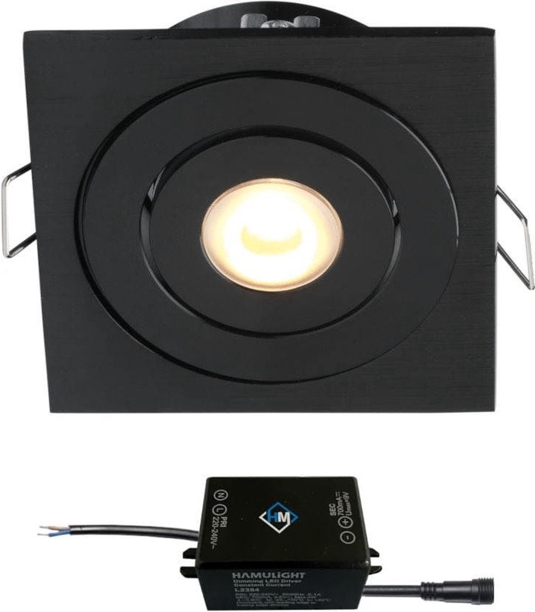 Cree LED inbouwspot Soria zwart in - 3W / vierkant / dimbaar / kantelbaar / 230V / IP44 / downlights / plafondspots / spotjes / inbouwspots / badkamer / woonkamer / keuken / spotlight / warmwit