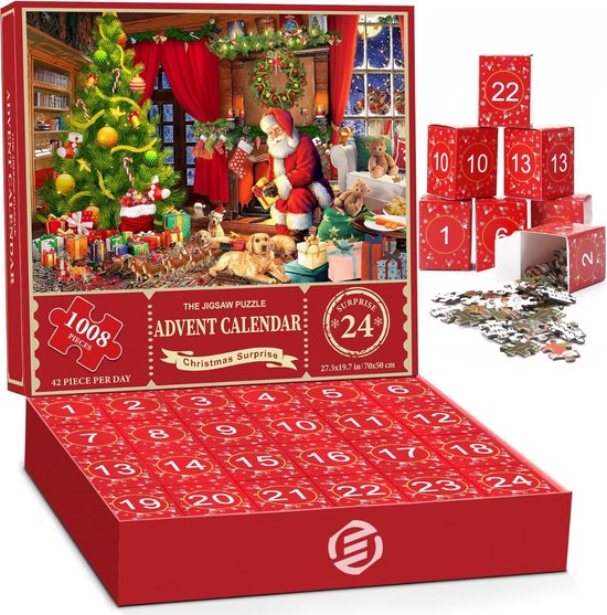 Equivera Adventskalender 2024 - Kerstpuzzel 1008 Stukjes - Familie Vakantie Puzzel in 24 Dozen - Aftelkalender voor Kerstmis - Woondecoratie (Rood