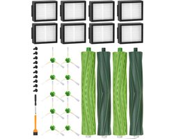 Vervangende onderdelen geschikt voor iRobot Roomba E/I/J-serie, i7 i7+ i3 i3+ i4 i4+ j7 E5 E6, geschikt voor iRobot Roomba-borstelaccessoires, 2 sets rubberen borstels, 8 hoogwaardige filters, 10 zijborstels