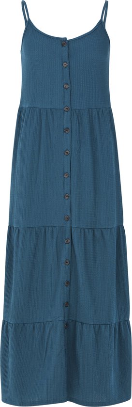 Robe bleu uni avec bretelles spaghetti, boutons et volants.