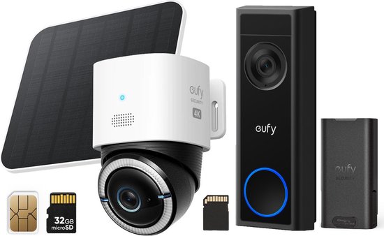 Eufy 4K Pan&Tilt camera met zonnepaneel, deurbel, 32GB SD-kaart en SIM-kaart. Wit met zwarte ring en blauwe led.