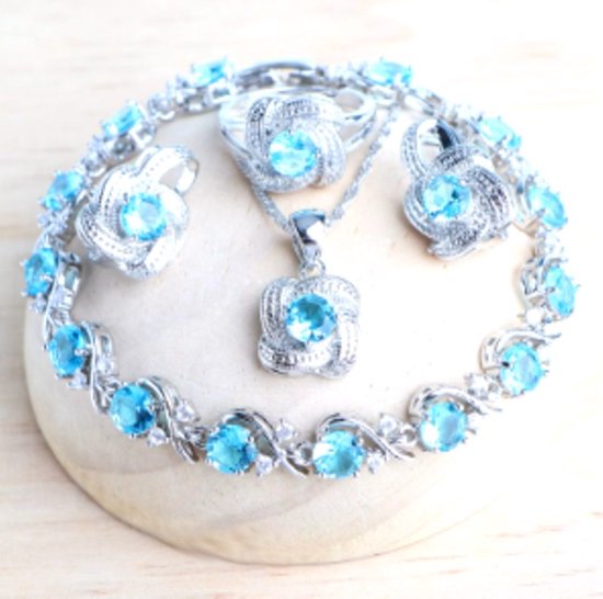 Hetty'S - Magnifique parure de bijoux - Métal argenté - Zircones bleues et blanches - Bracelet - Boucles d'oreilles - Pendentif + collier - Ring