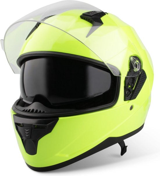 VINZ Kennet Integraalhelm met Zonnevizier - Fluor Geel - Scooterhelm & Motorhelm & Brommerhelm - Heren & Dames - S