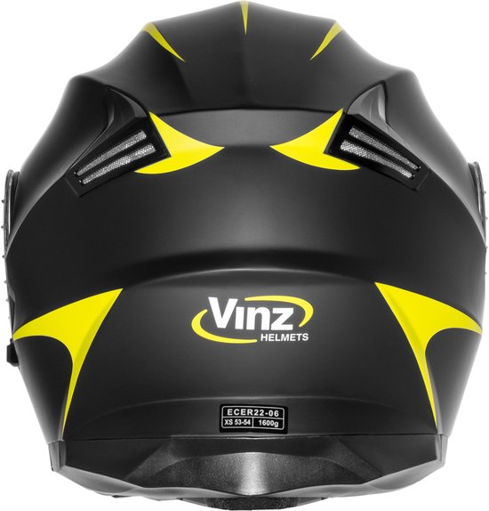 Achterkant van zwarte systeemhelm met gele lijnen en "Vinz HELMETS" logo.