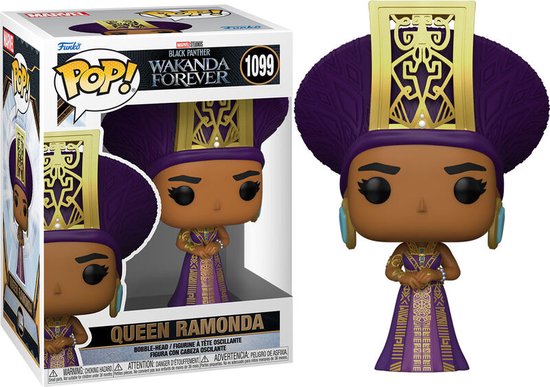 Queen Ramonda Funko Pop! figuur in paarse jurk met gouden versieringen en grote paarse hoofdtooi met gouden accenten, naast de verpakking.