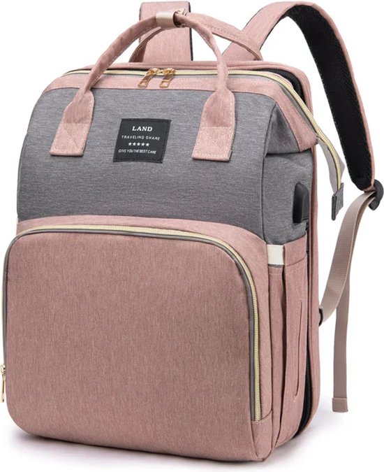 Luier- en Verzorgingstas - Baby Rug Tas met bed - Reis Rugzak - Grote Capaciteit - Jongens en Meisjes - luier tas - verzorgingstas baby - Uitschuifbaar Verschoon/ Slaap bedje – baby bed - Roze