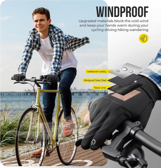 Man fietst met zwarte, winddichte en waterdichte handschoenen met fleece voering. Laagjes: waterdichte coating, buitenlaag, fleece.