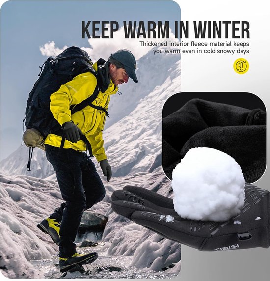 Zwarte, warme winterhandschoenen met fleece binnenkant, afgebeeld met een sneeuwbal in de bergen.