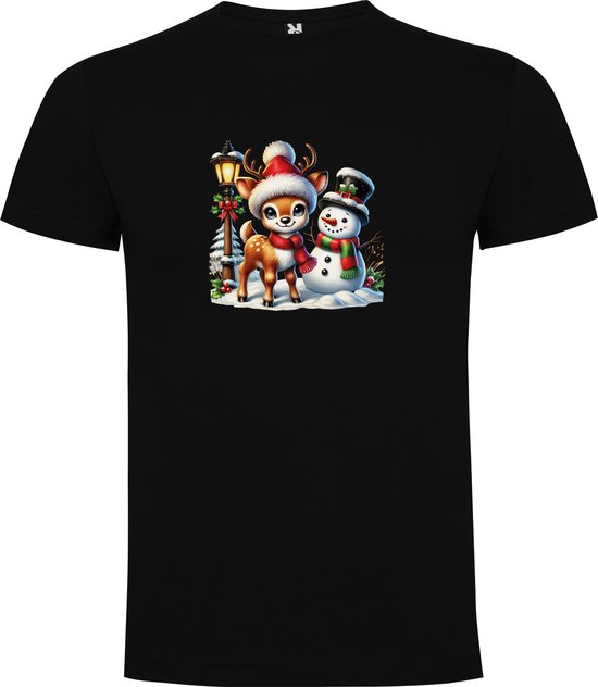Zwart T-Shirt met “Kleurrijk Schattig Kerst hertje met Muts, Sneeuwpop Lantaarn / Vrolijk Kerstfeest “ Print Full Color maat 128 7/8 jaar