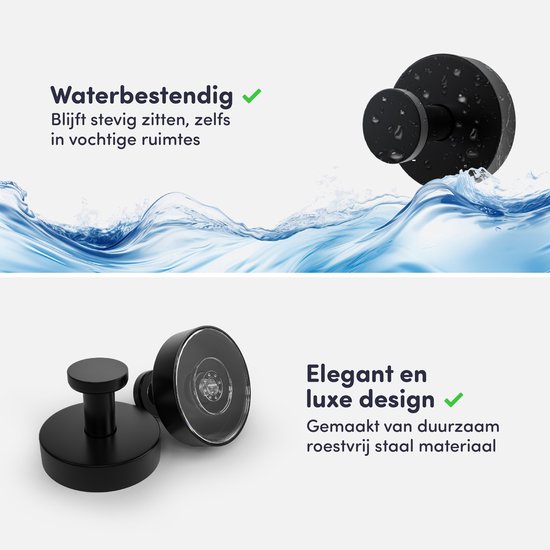 Zwarte zuighaken met een elegant design, getoond in een waterige omgeving en met productdetails over waterbestendigheid.