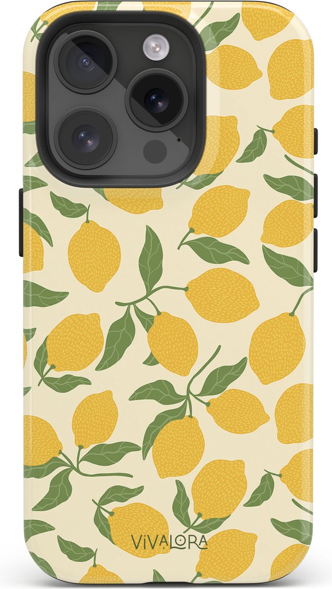 VivaLora Tough Telefoonhoesje iPhone 15 Pro met MagSafe - Lemon Crush Print - 2-in-1 Phone Case - Hard Case & Siliconen Back - Citroenen Dessin - Extra Bescherming - Shockproof - Citroenen Dessin - Geel/Groen