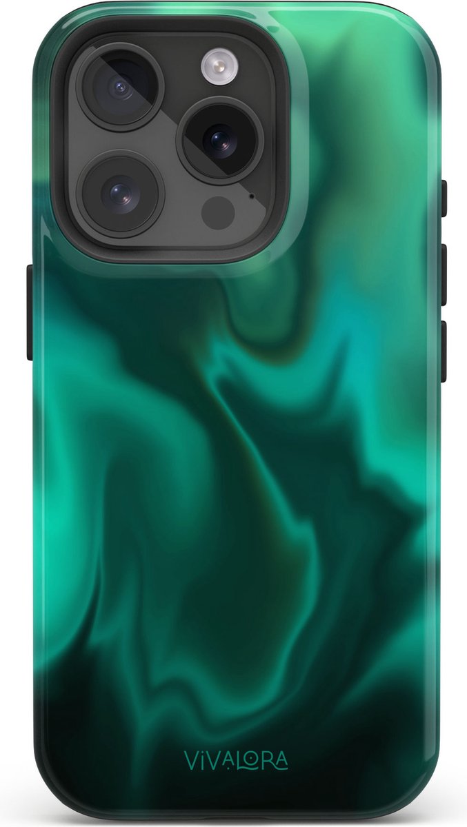 VivaLora Tough Telefoonhoesje iPhone 15 Pro met MagSafe - Northern Lights Print - 2-in-1 Phone Case - Hard Case & Siliconen Backcover - Extra Bescherming - Shockproof Cover - Groen/Blauw