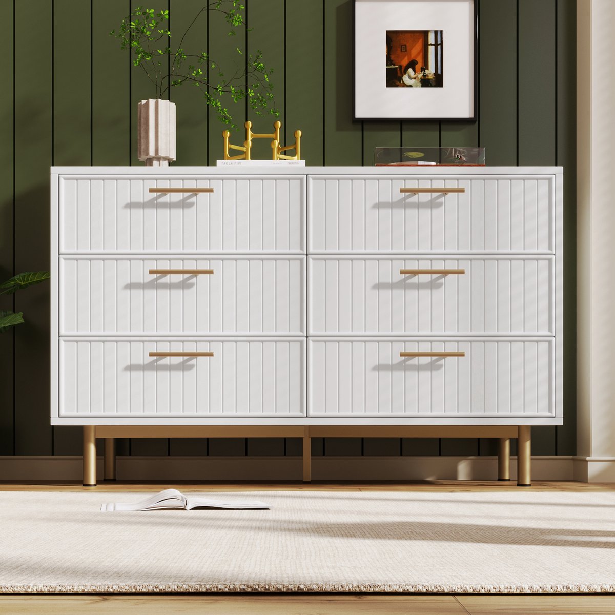 Gutent Ladekast, Wit, met 6 laden, Dressoir, Highboard voor slaapkamer en alle woonkamers, H75/B120/T4 0 cm