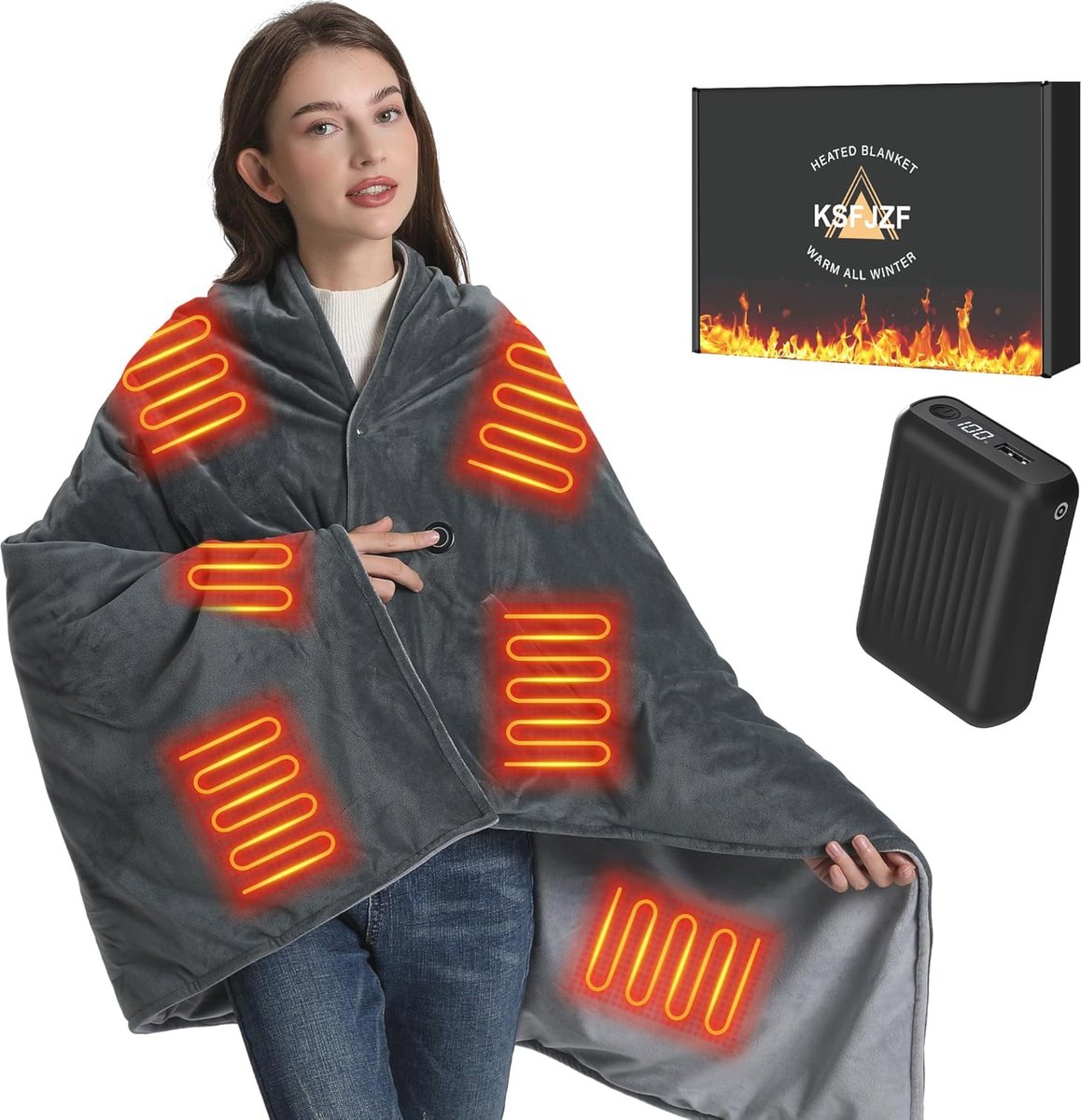 Zachte en comfortabele verwarmde deken met powerbank - 149 x 37 cm, draadloos met 3 warmteniveaus