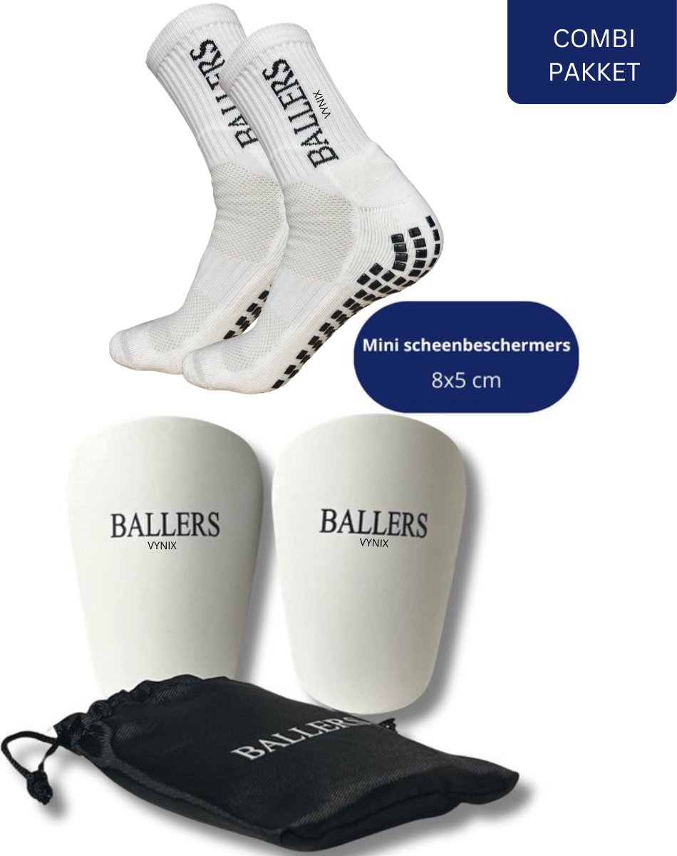 Vynix Ballers - Mini Scheenbeschermers - EXTREEM Klein! Mini Scheenbeschermers Voetbal - Gripsokken - 8x5cm - Scheenbeschermers - Met opbergzakje - Mini Shinpads - Scheenbeschermers - Wit - Sport Sokken