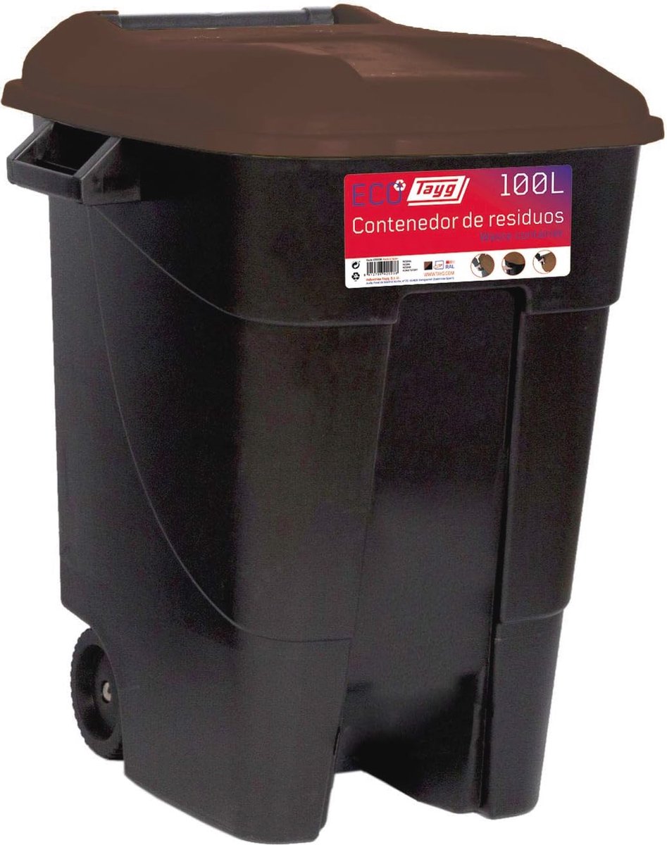 Goedkoopste Eco Afvalcontainer 100 Liter - Zwarte Bodem en Bruin Deksel