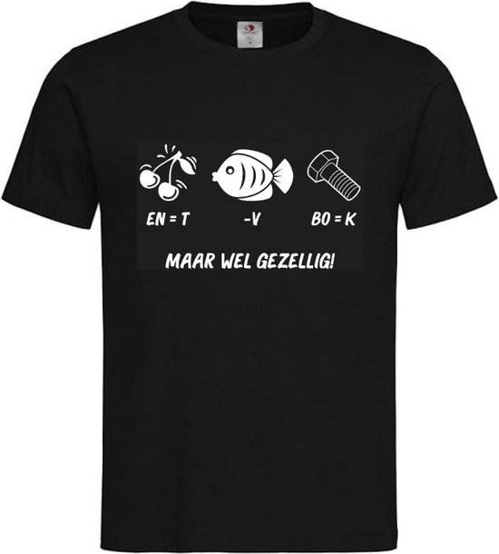 T-shirt Unisex Volwassenen Kerst Kerstmis Man Vrouw Grappig Tekst Rebus "Kerst is KUT maar wel gezellig!!" Op Voorkant | korte mouw | Zwart/Wit | maat S
