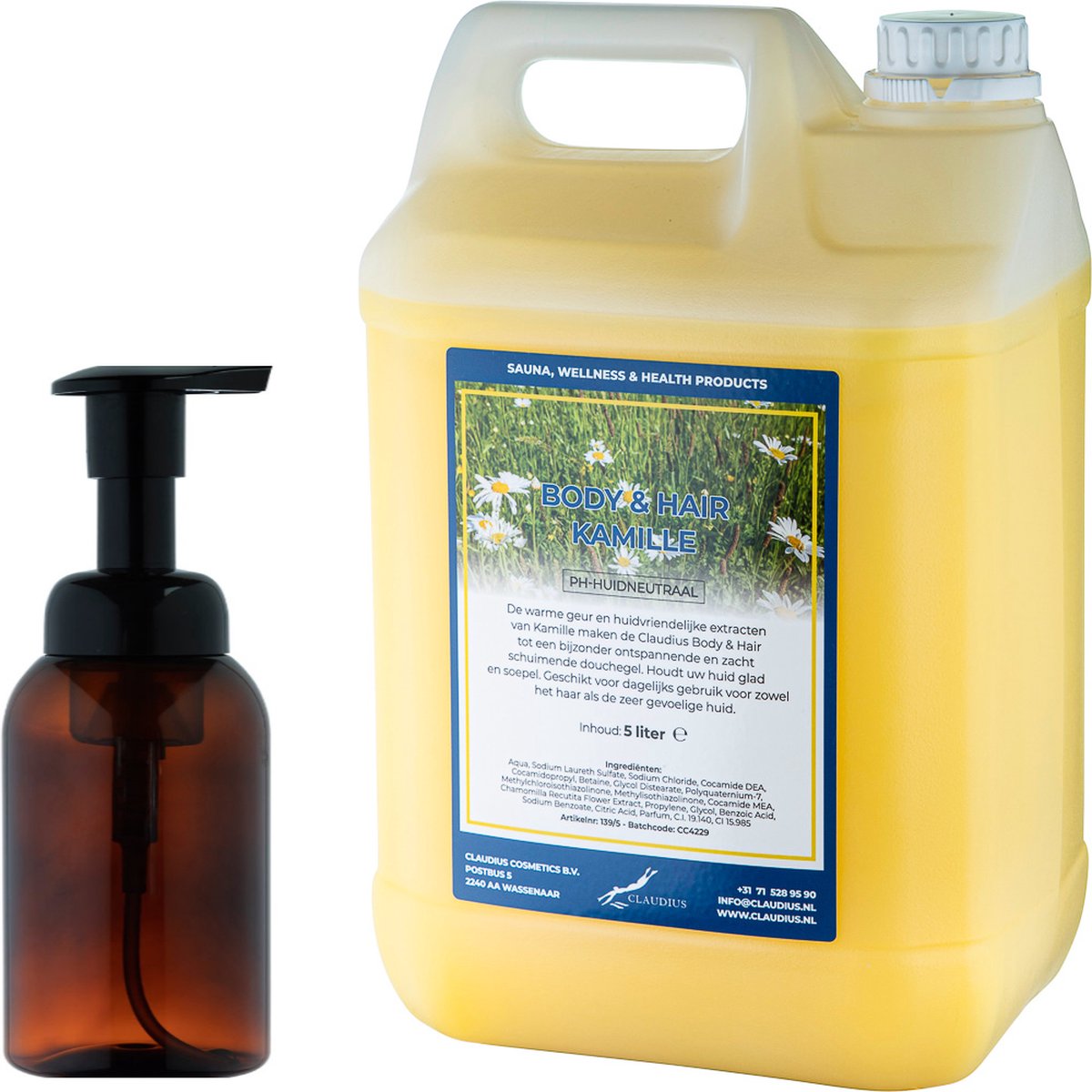Goedkoopste Zeepdispenser 300 ml amber bruin hervulbaar 5 liter Body & Hair Kamille navulling
