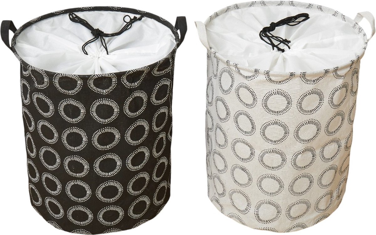 Goedkoopste Lexorion - Set van 2 Wasmand - Polka Dot Drawstring Bucket Bag 35cm 45cm - Wit en Zwart