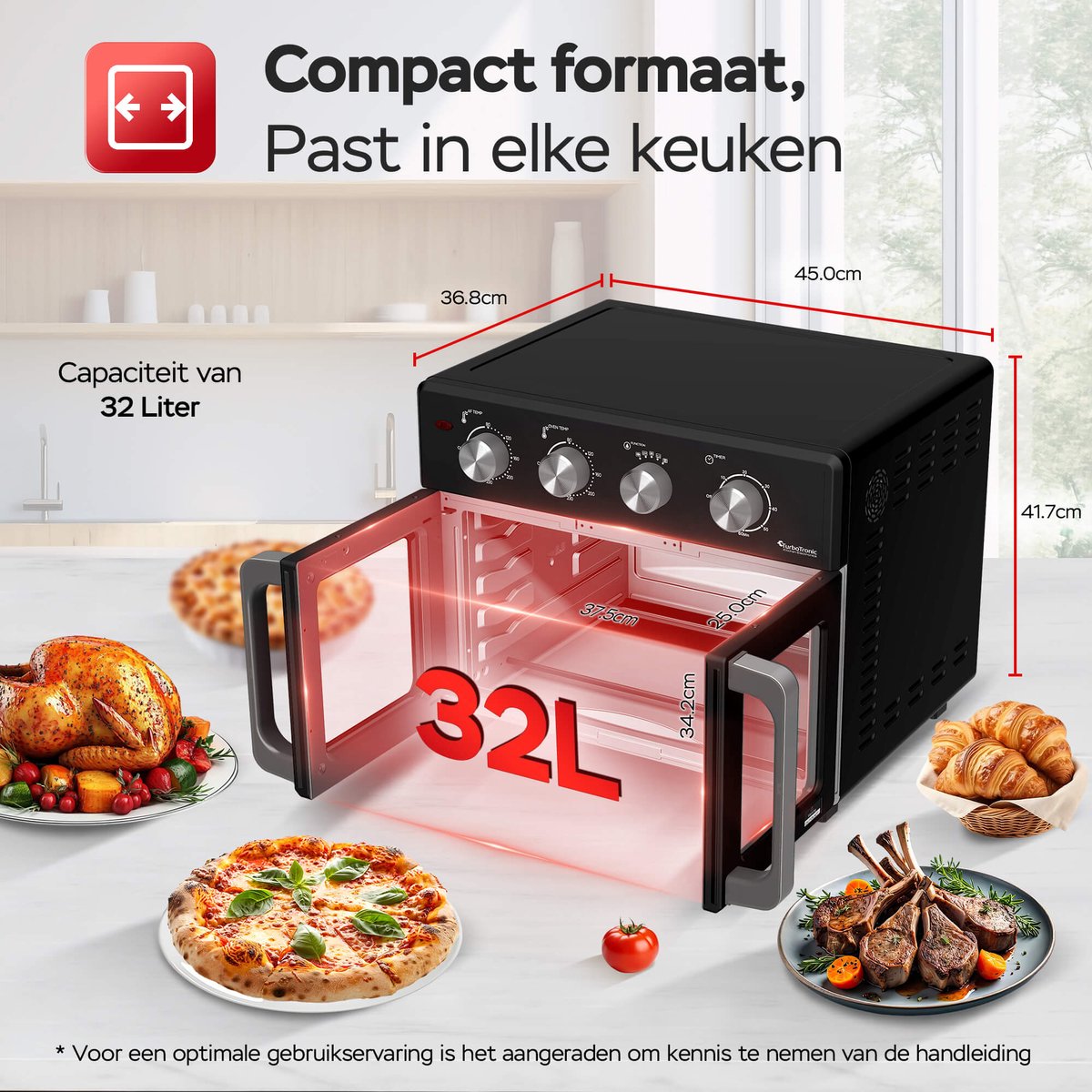 Afbeelding 3 van TurboTronic AF32MFD Airfryer Oven XXL – Dubbele Deur – 32L Vrijstaande Mini Oven – Heteluchtoven – Zwart