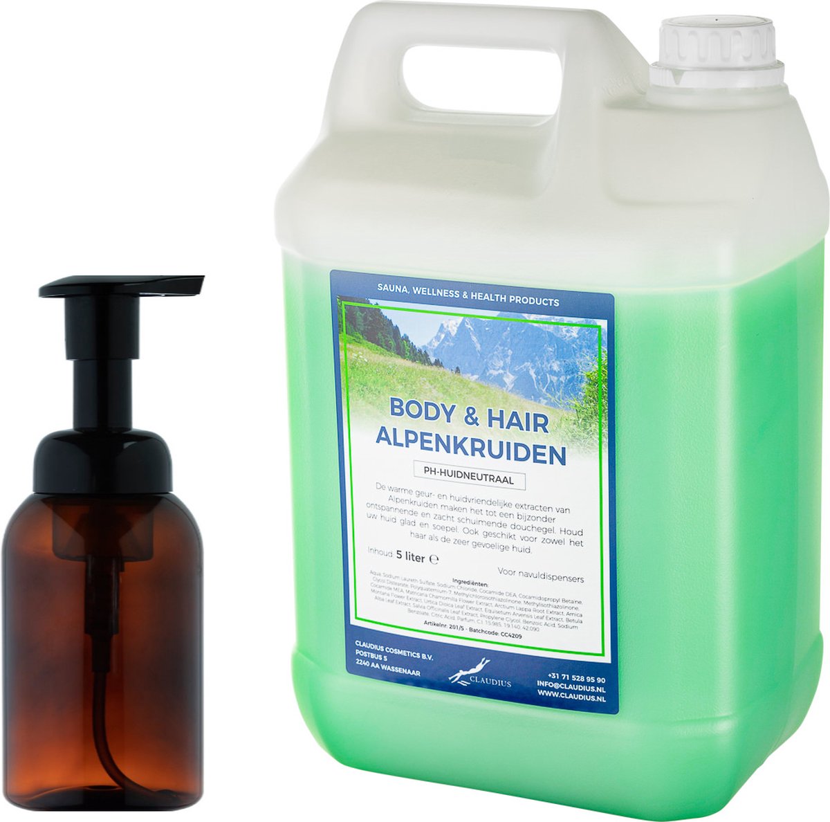 Goedkoopste Zeepdispenser 300 ml amber bruin hervulbaar 5 liter Body & Hair Alpenkruiden navulling