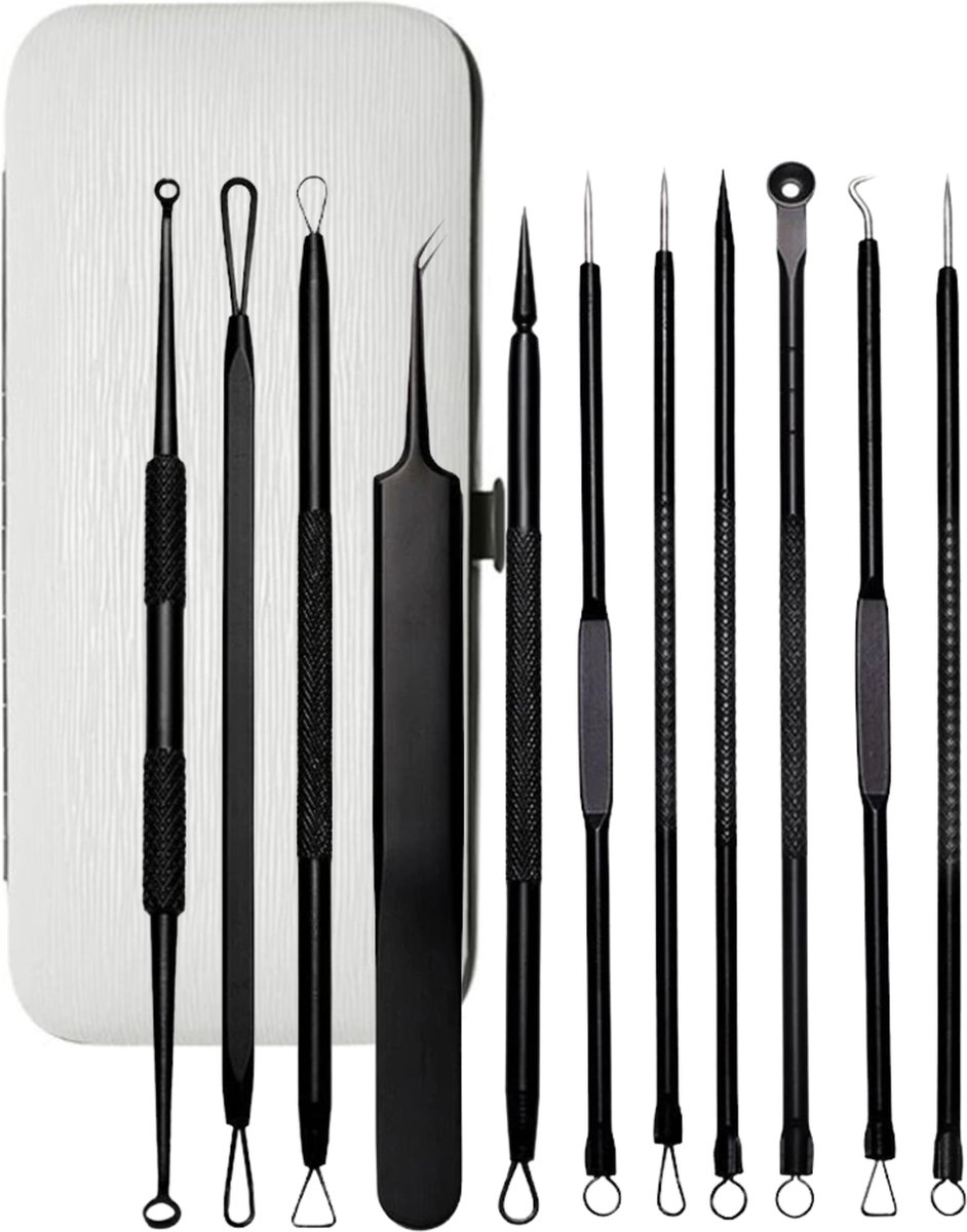 Goedkoopste YUBBI Blackhead Remover Set - 11 Delig - Mee eters verwijderen- Comodonenlepel - Comedonendrukker - Zwart - Incl Luxe Opberg Etui
